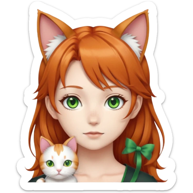 Anime girl with cat ears and she has ginger hair and green eyes sticker