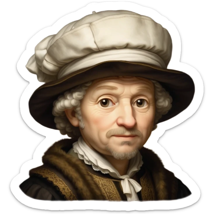 emoji of rembrandt,-shown-as-a-master-artist-with-deep,-introspective-eyes-and-richly-detailed-period-clothing,-rendered-with-dramatic-chiaroscuro-lighting-that-emphasizes-his-legacy white puffy hat sticker