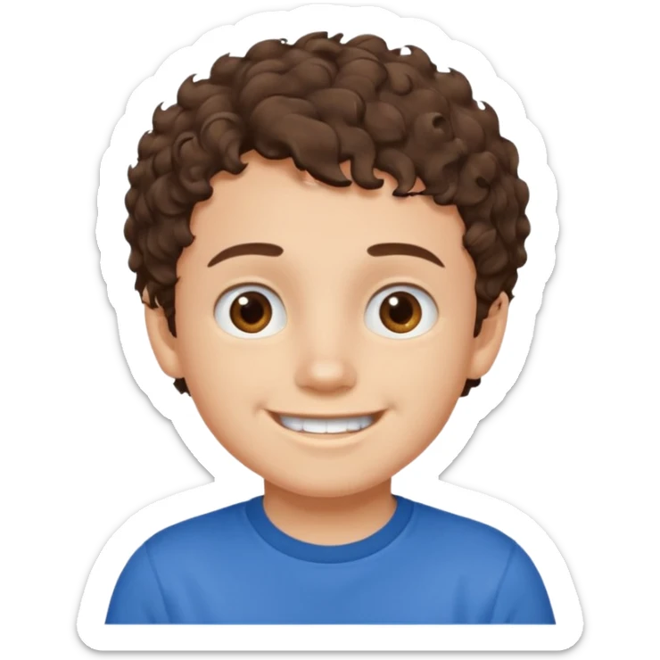 Boy with fair skin, short curly brown hair, brown eyes, smiling without showing his teeth.
 sticker
