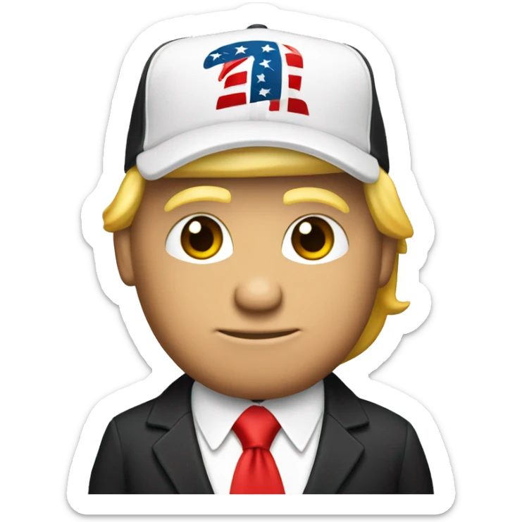 a single emoji of donald trump in a black suit, red tie, and red baseball cap sticker