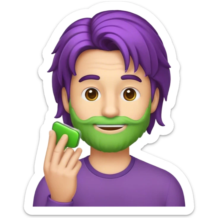 Crie um emoji de um homem com cabelo espetado roxo, fazendo careta e mostrando o dedo do meio com ambas as mãos. Ele deve usar um agasalho verde com listras brancas nos ombros. Use as cores vibrantes e o estilo do emoji original. sticker