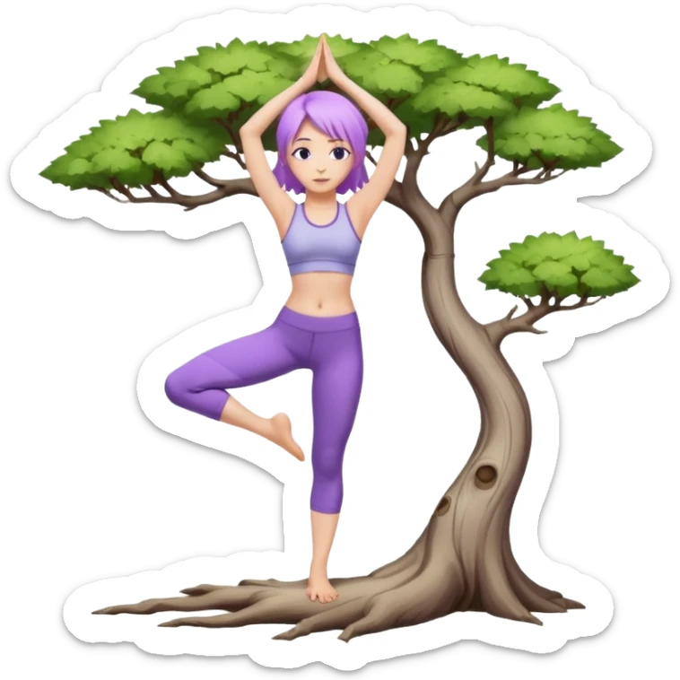 Девушка белокожая, со светло-фиолетовыми волосами, в одежде для йоги, стоит в позе дерева, с правильными пропорциями sticker