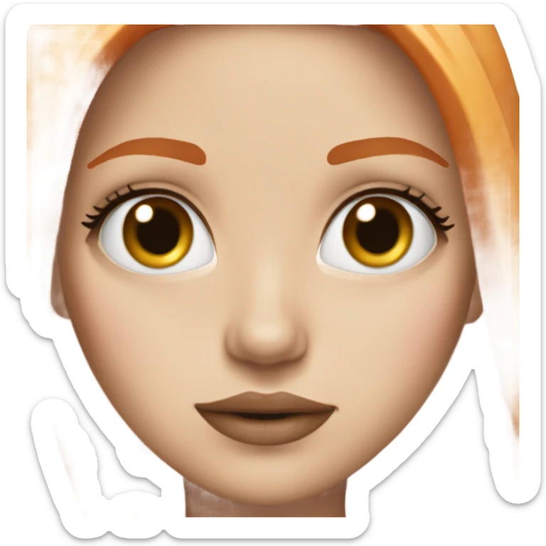 A girl has white skin, orange and straight hair. Also her eyes are brown. She has pink lipgloss sticker
