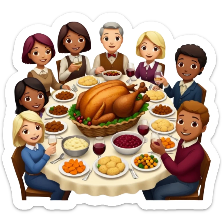 Thanksgiving Dinner with 10 people of different skin color around the table; have the food be a cooked turkey, mashed potatoes, corn, a basket of biscuits, a small bowl of cranberry sauce, baked yams, steamed vegetables, and a bottle of wine. sticker