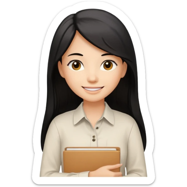 a light tan woman with long black hair past mid-back, round brown eyes, white button up shirt. holding manila folder sticker