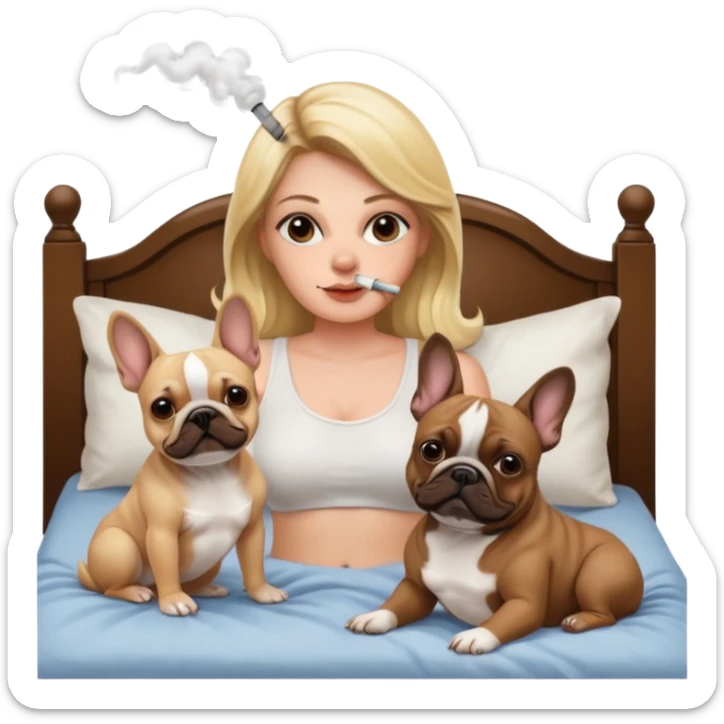 Cannabis bong smoking blonde in bed with brown and white French bulldog and dark brown French bulldog sticker