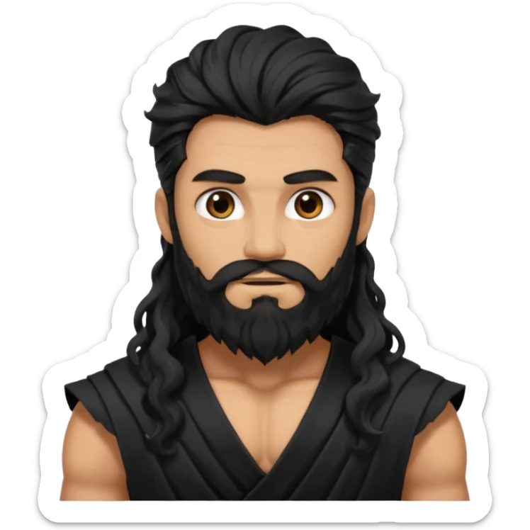 Hades from Olympus Gods with long black wavy hair and beard, black loincloth sticker
