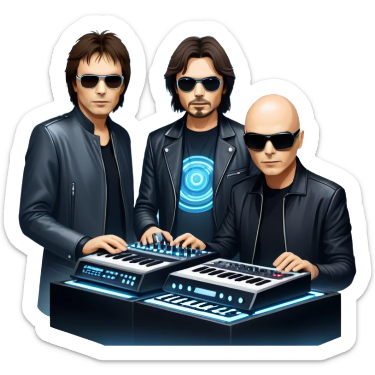 Icon for Electronic Music: Jean-Michel Jarre, Moby, DJ Tiesto, and Jorn van Deynhoven performing with synthesizers, turntables, and futuristic lighting effects. The design should evoke the vibrant and immersive atmosphere of electronic music festivals. Transparent background. sticker