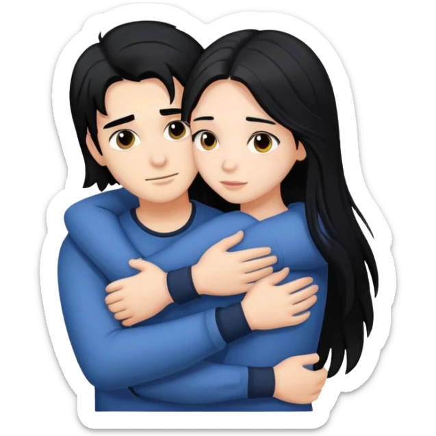 Two characters hugging each other 1 boy black hair 1 girl black long hair sticker