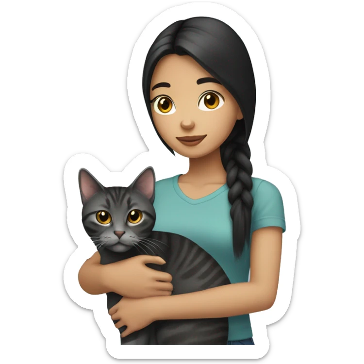 teenage girl with black straight hair holding a dark grey tabby cat sticker