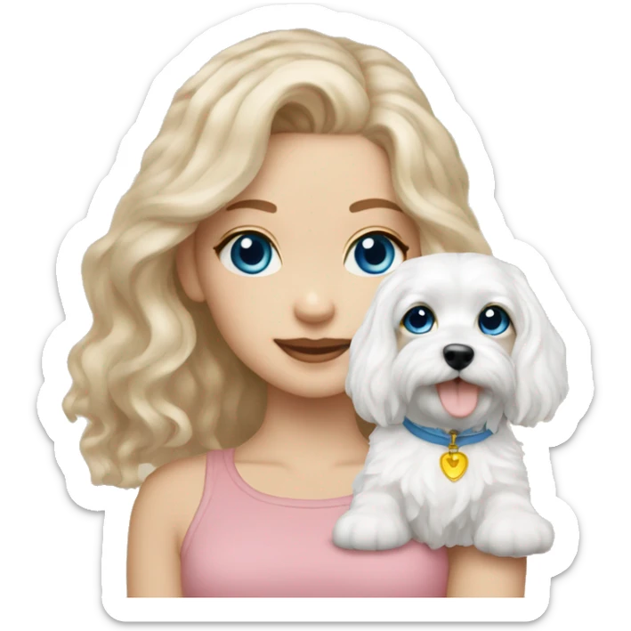 Maltese puppy with light skin  girl owner long wavy hair an blue eyes  sticker