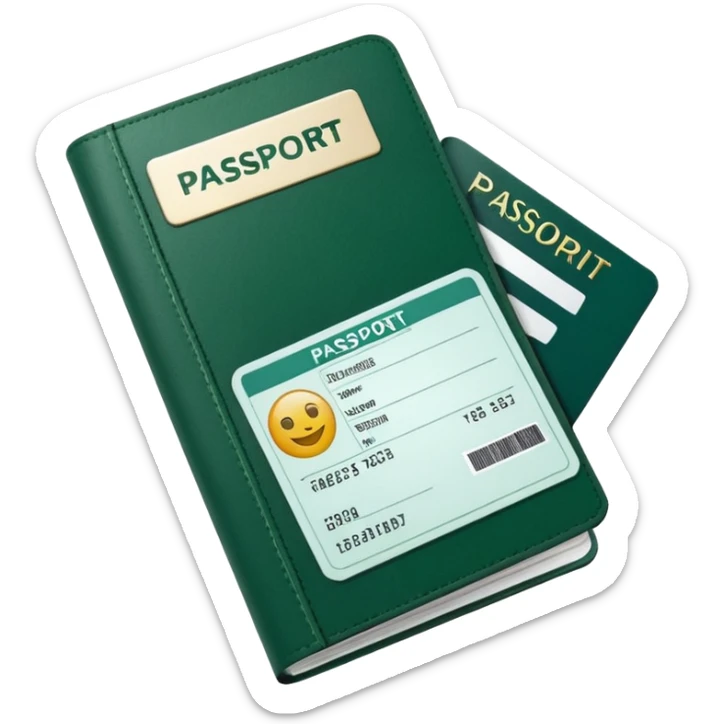 dark green passport with long white airline tickets sticking out, minimalist, emoji style sticker