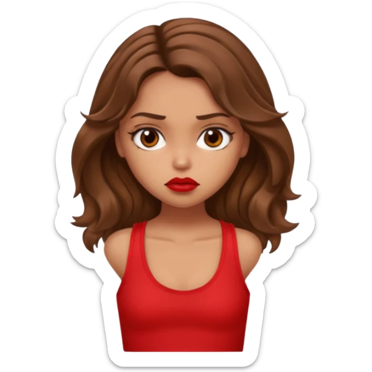 generate a pretty tan bratz girl with brown wavy hair long wearing a red tank top, red lipstick. Looking sad sticker