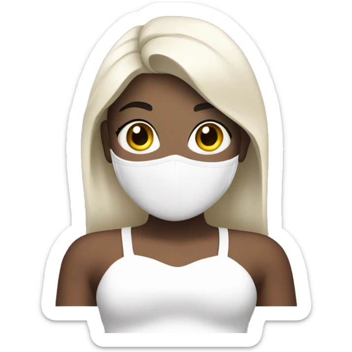 A rap singer with white skin, a face mask, a white dress, and a white bra sticker