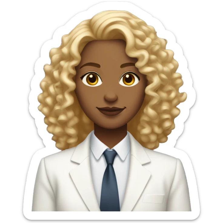 Woman with caramel skin and shoulder length blonde curly hair wearing a white suit  sticker