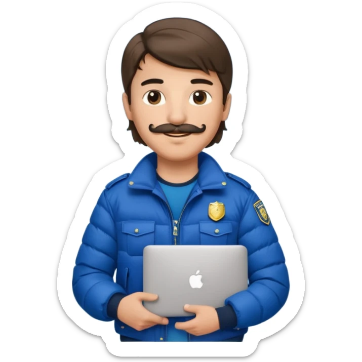 generate an ios genmoji of a 20 year old boy with shoulder length hair and a mullet. cop mustache. carrying a macbook and wearing a puffer jacket sticker