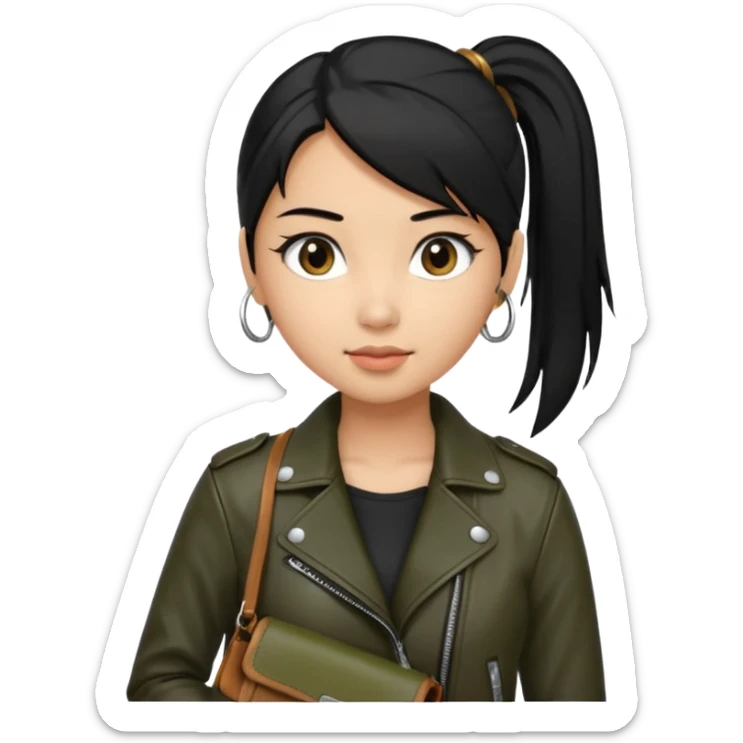 A girl with a pony tail black hair and olive ish skin, Asian eyes, with a black jacket and a brown purse  sticker