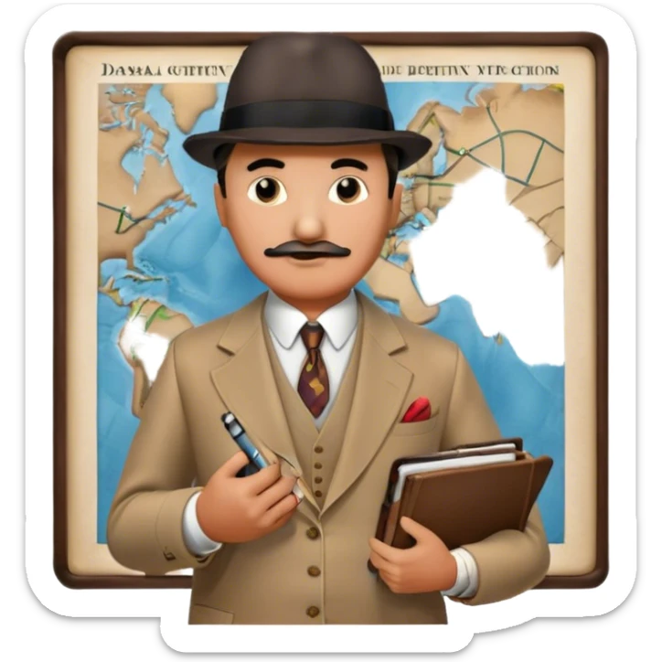 A cinematic-style frame showing Hercule Poirot in his iconic suit with a notebook in a dramatic detective pose. Background should be mysterious city, map, a board with photos of suspects, clues like fingerprints. Transparent background. sticker