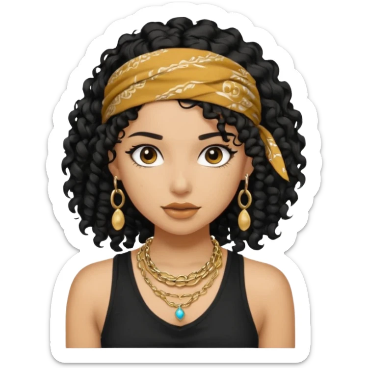 Baddie girl with black  tank top curly hairss and bandana and jwellery face only not body sticker