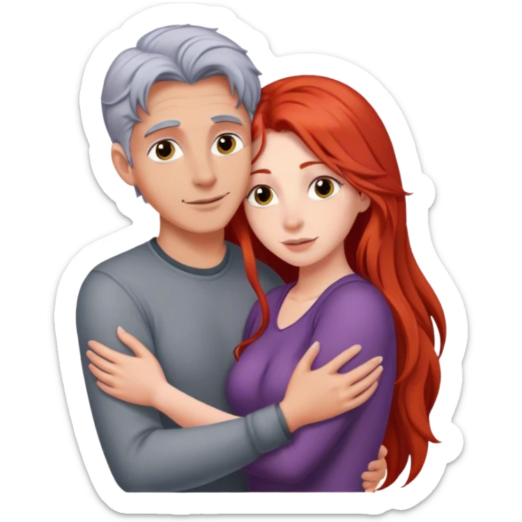 Long red hair woman and young gray hair man hugging sticker