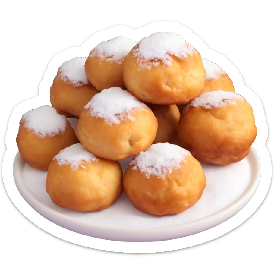 a single Dutch fried dough ball oliebollen, golden brown, topped with powdered sugar, simple, isolated sticker