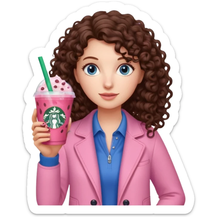 make an emoji of a curly brunette blue eye girl wearing light pink drinking a strawberry acai refresher from starbucks sticker