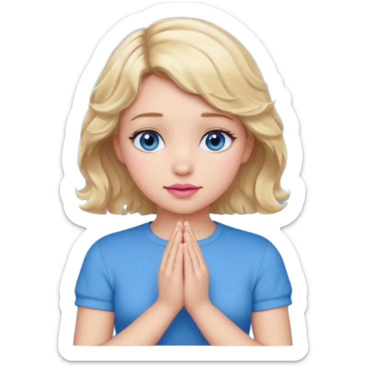 Girl Blonde short wavy hair,  blue eyes, cute blue top, long lashes, pink lips, praying hands sticker