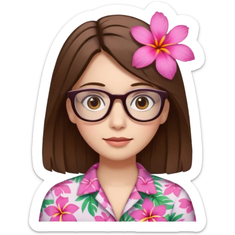 female with white skin. Shoulder length straight brown hair. Brown eyes with glasses. Hawaiian Flower in hair sticker
