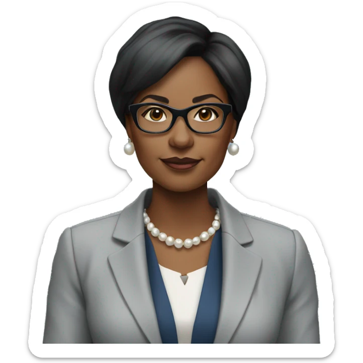 black woman ceo, black glasses, straight hair, blue blazer, pearl necklace sticker