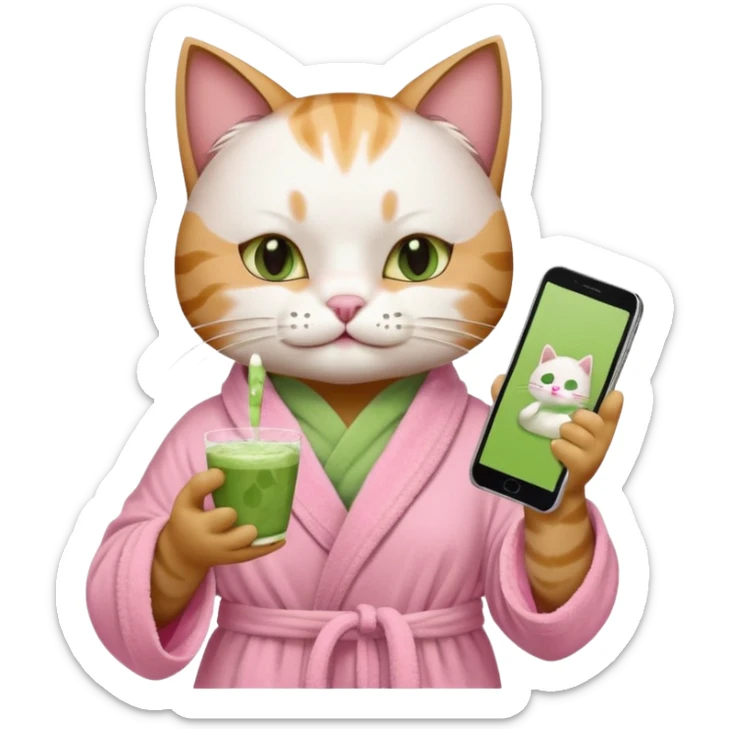 I want a CAT whit a iced macha on her paw and i want her to ne wearing a pink bath rope And she will have a  white face mask on her face and phone on the opisite paw whit the macha sticker