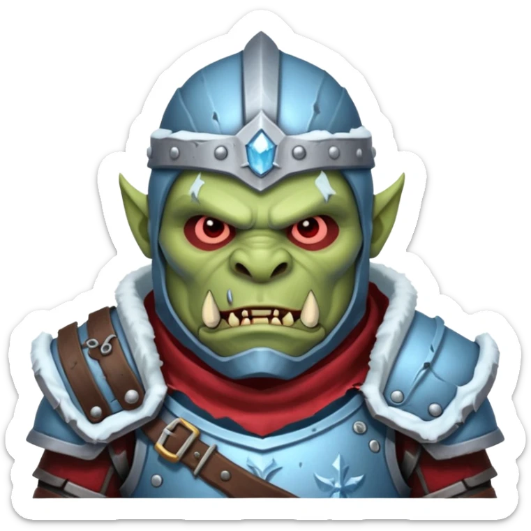 
Fantasy Christmas orc legion soldier icon, iron tundra army theme, heavy winter armor, disciplined brutal look, icy blue steel armor with deep crimson accents, frozen metal texture, cold winter atmosphere, male variant sticker