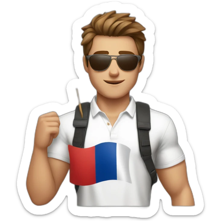 A young fit man with a white shirt and sunglasses on his hair with brown hair and a French flag in his hand sticker