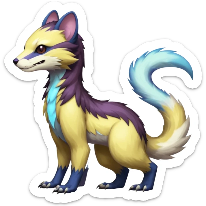 Colorful translucent luminescent glowing Trico-Sergal-Furret-Ferret-Wolverine-Vernid-furry-fursona-fusion-Fakemon-animal-hybrid-creature, full body sticker