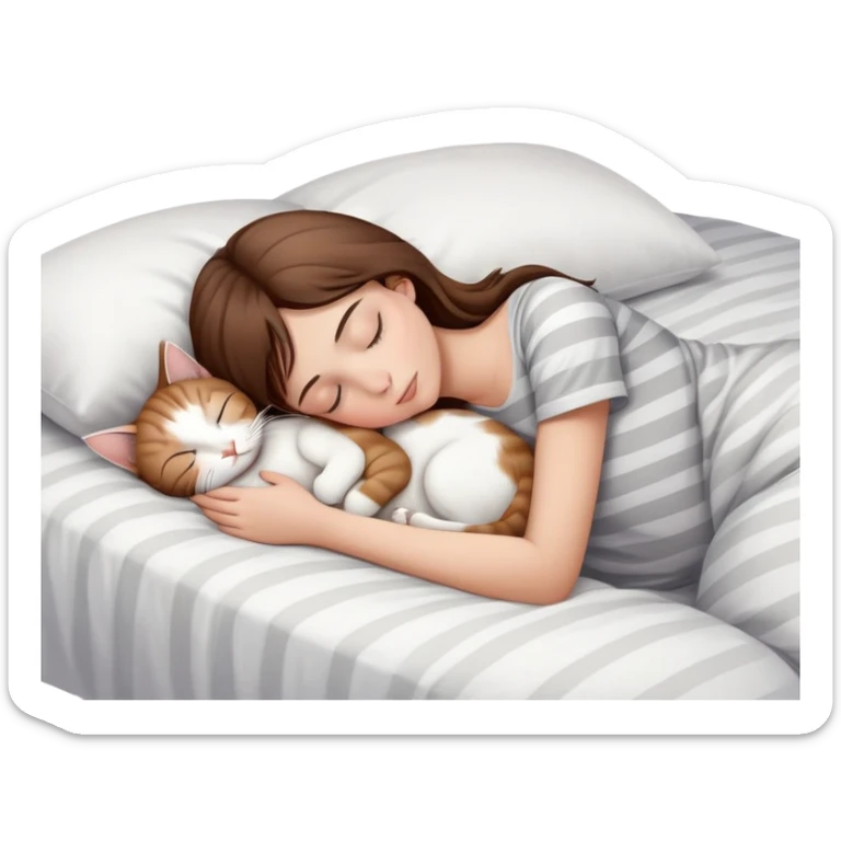 side view brown haired teenage girl sleeping with white cat that has grey-beige stripes on a white pillow with white sheets sticker