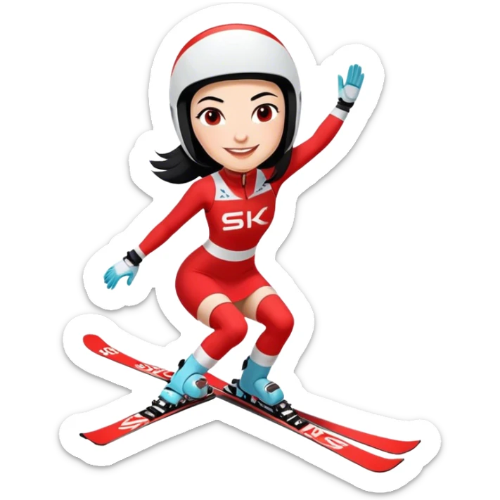 Ski racer downhill squat woman red white dress with the name Stephanie on the dress Ski Head lettering black hair smile sticker