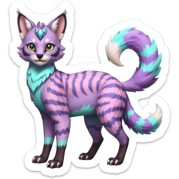 Colorful furry happy cute floofy pale minty lilac onyx fruity glorious exotic neon vibrant zigzagged fantasy-caracal-civet-genet-sergal-vernid-Gryphon-Cacomistle-Trico-oncilla-animal-Fakémon-hybrid-fursona (full body), facial markings, (realism style) sticker