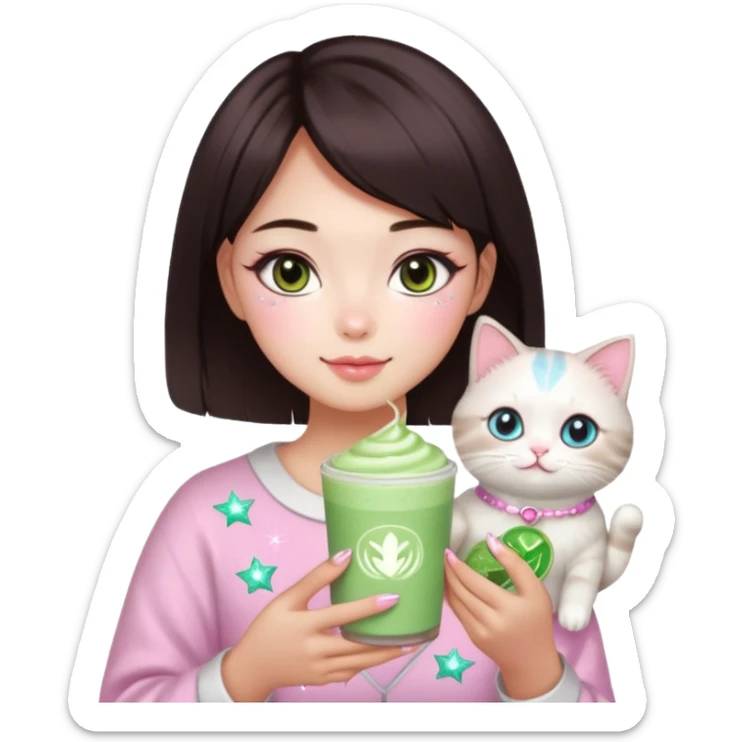 asian girl with short dark brown hair with a soft girl pink glowup aesthetic. matcha latte sparkles girly things, 2 ragdoll cats, skincare, makeup, money, luxury, add makeup and sparkles sticker