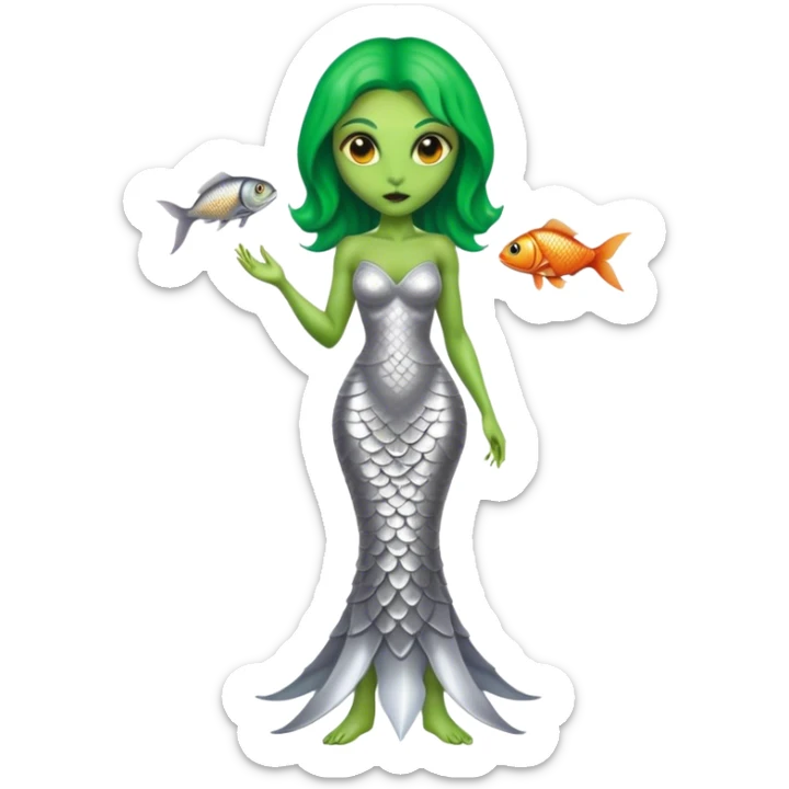 Green Alien woman with fish scales in silver dress, full figure, yellow eyes sticker