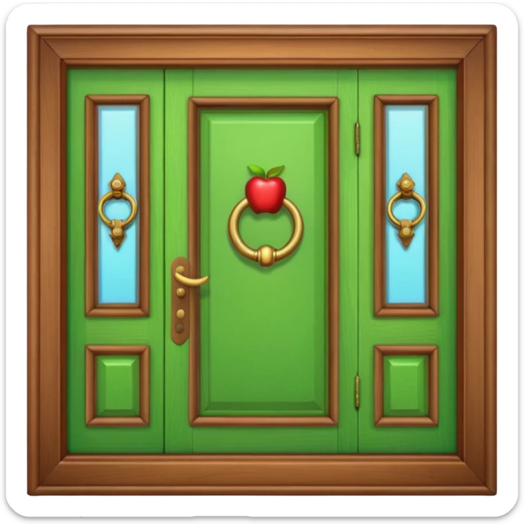 A wooden green door emoji in the style of Apple emoji with a handle, a window, and a knocker and a different color sticker