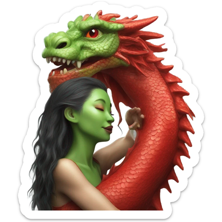 Photo realistic, alien female green, kissing and embracing red china dragon sticker