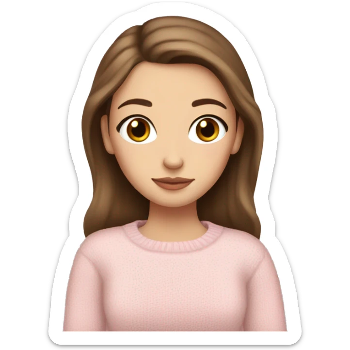 Brown haired Pretty brown eyed white girl with light pink sweater reading cozy sticker