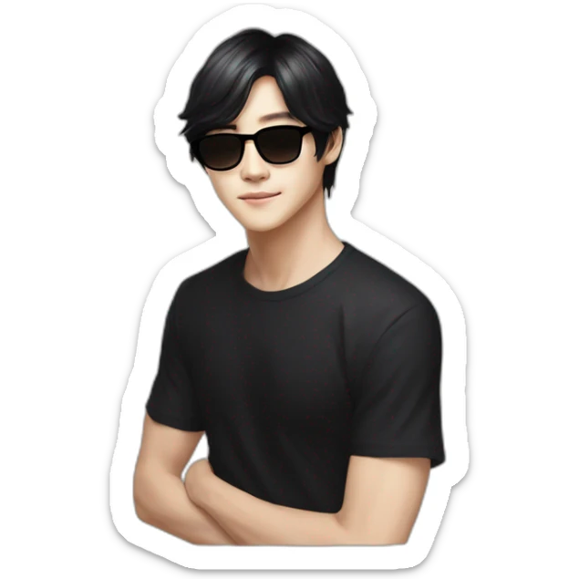Kim Taehyung with black hair and black glasses with a black shirt and light beige skin sticker