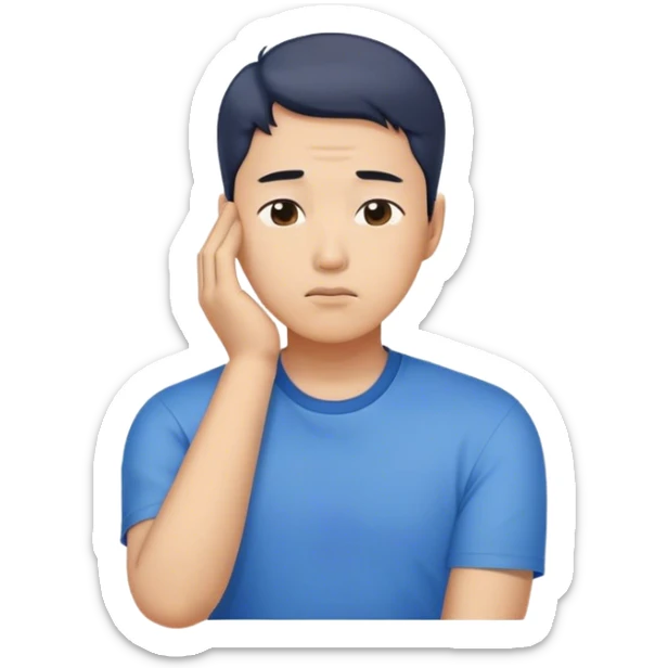 A worried Korean man in a blue shirt, resting his head on one hand. Emoji-style digital illustration with a plain white background  sticker