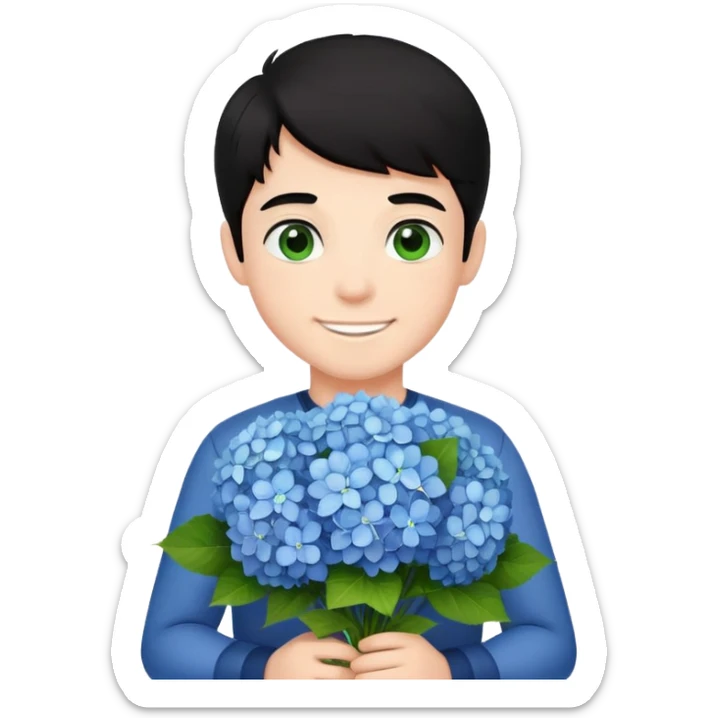 Smiling boy with fair skin and black hair that stands up and green eyes with bouquet of hydrangeas  sticker