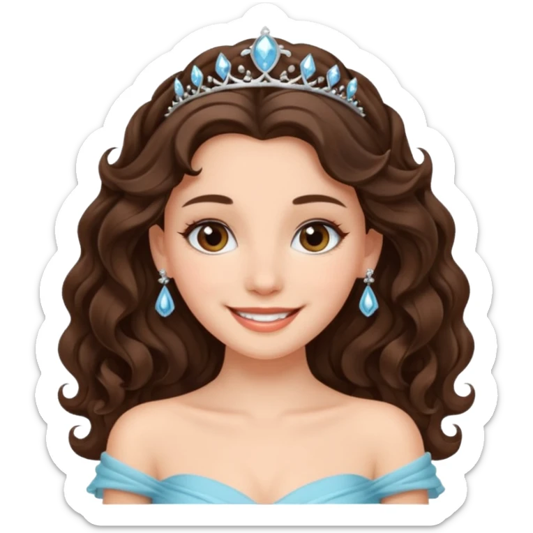 a beautiful brunette wavy flowy hair princess wearing a gown with elegant piercing and smile gently  sticker