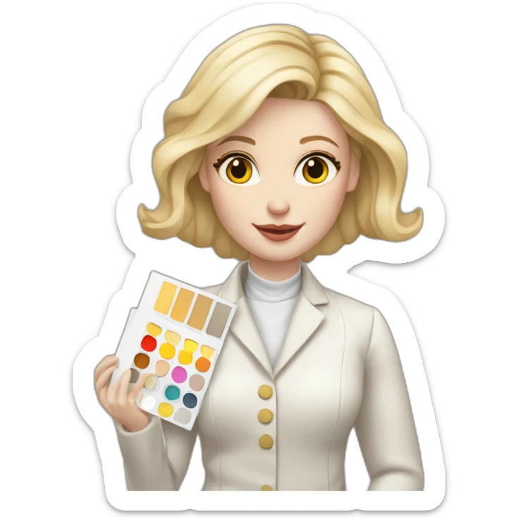 pale skin woman with blonde straight line Hair to shoulders, White classical jacket, Gray Palazzo pants holding a color palette in the hands sticker