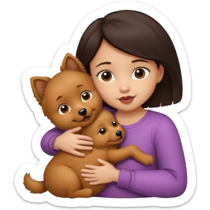 A baby girl with dark short hair and light skin with a nipple in her mouth in a hug with a brown dog spitz sticker