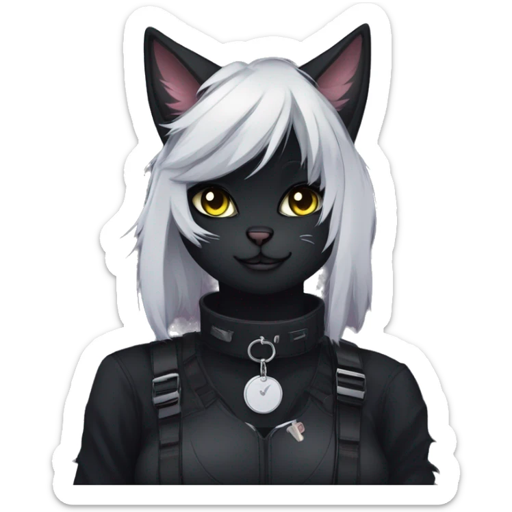 Gorgeous furry dark techwear anime style anthro black cat fursona with blushing face aesthetic and pretty edgy black with collar and harness trending style sticker