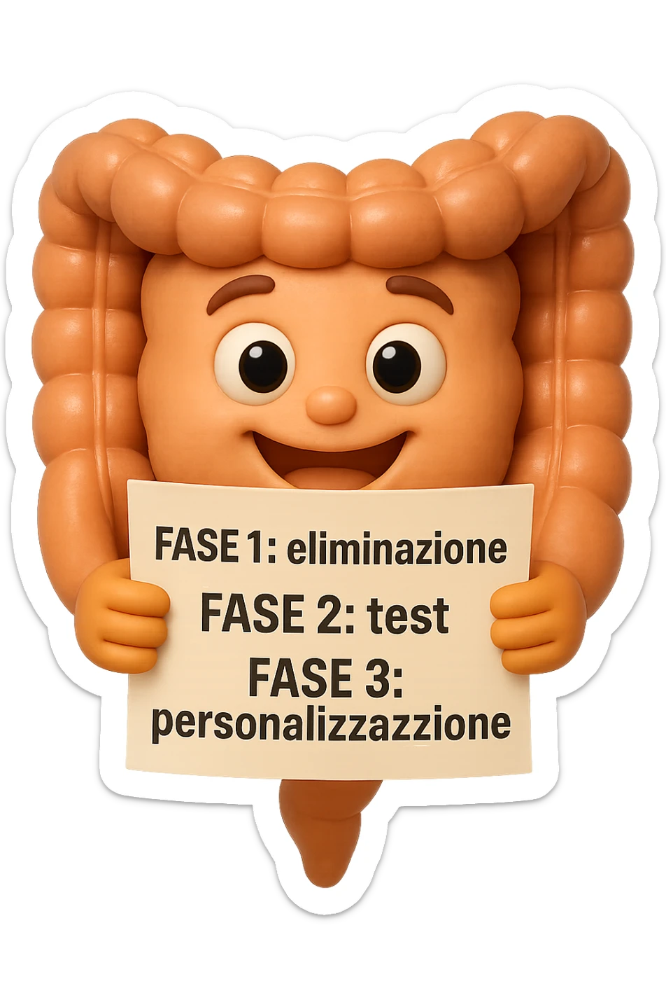 emoji stile iphone 3d di un intestino che tiene in mano un foglio con la scritta "FASE 1: eliminazione, FASE 2: test, FASE 3: personalizzazione, IPERREALISTICO 4K sticker
