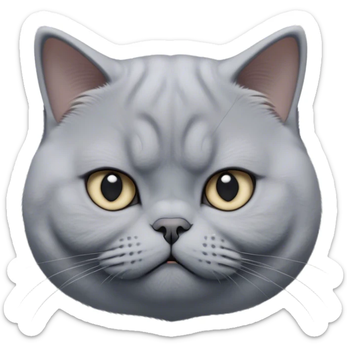 Cinematic Bored Grey British Shorthair Cat Portrait Emoji, Head tilted with a scrunched, utterly disinterested expression, sleek soft grey fur with subtle blue undertones, Simplified yet sharp features, highly detailed, glowing with a dull, indifferent glow, high shine, poised but exuding a sense of boredom, stylized with an air of subtle annoyance, focused yet clearly uninterested, soft glowing outline, capturing the essence of a bored yet adorably snarky kitty, so lifelike it feels like it could roll its eyes and sigh dramatically at any moment! sticker